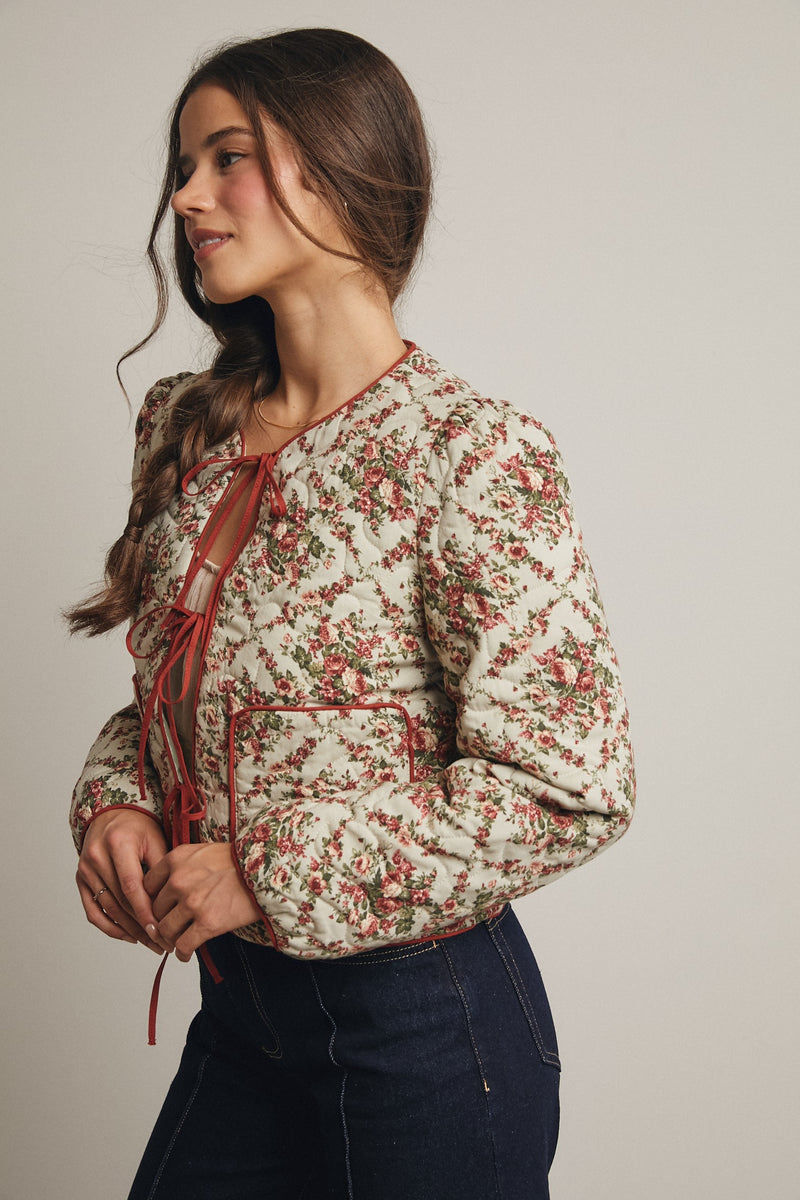 Rose Floral Quilted Jacket in Light Sage