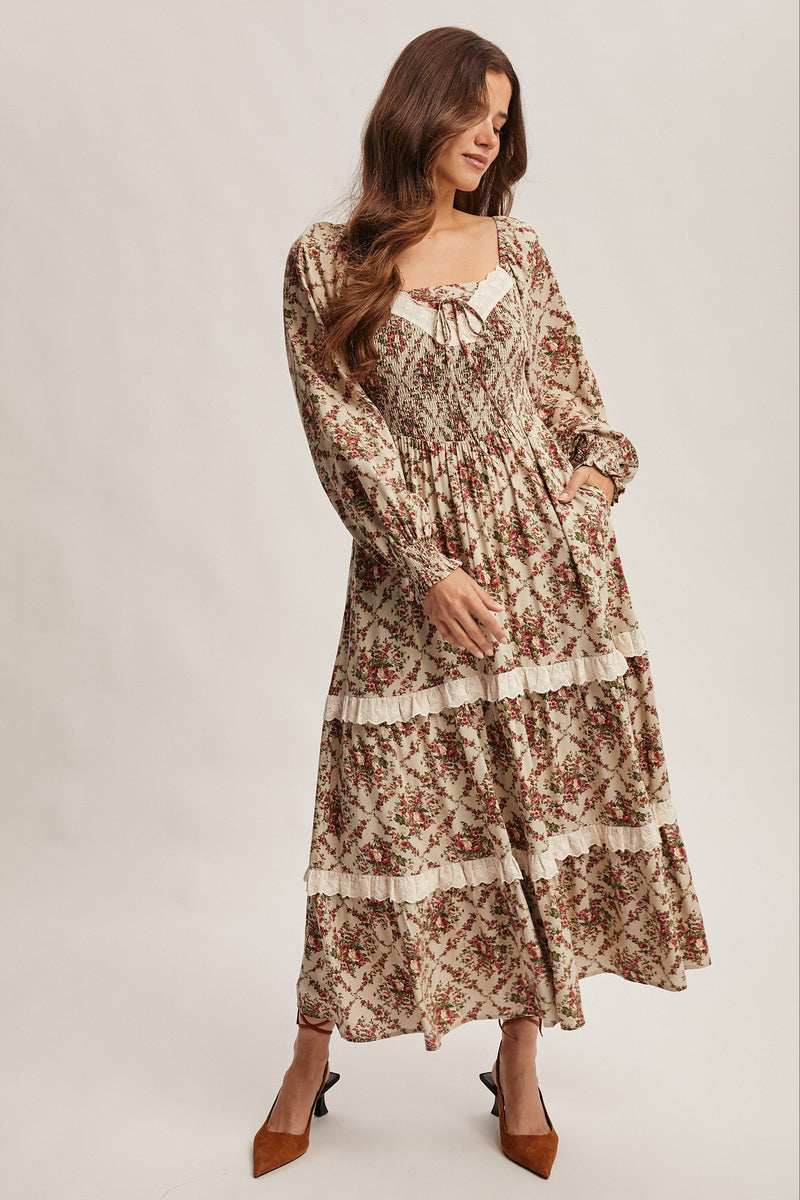 Light Sage Floral and Eyelet Trim Maxi Dress