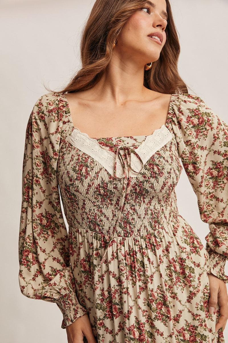 Light Sage Floral and Eyelet Trim Maxi Dress