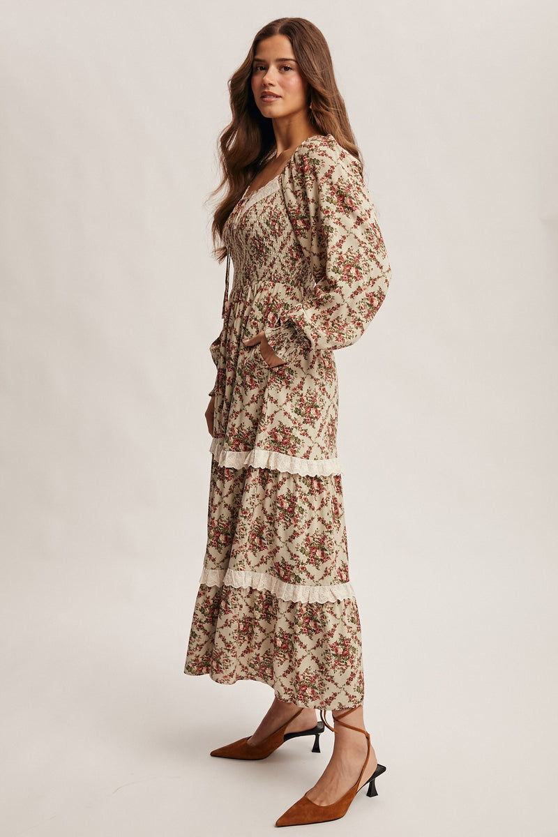Light Sage Floral and Eyelet Trim Maxi Dress