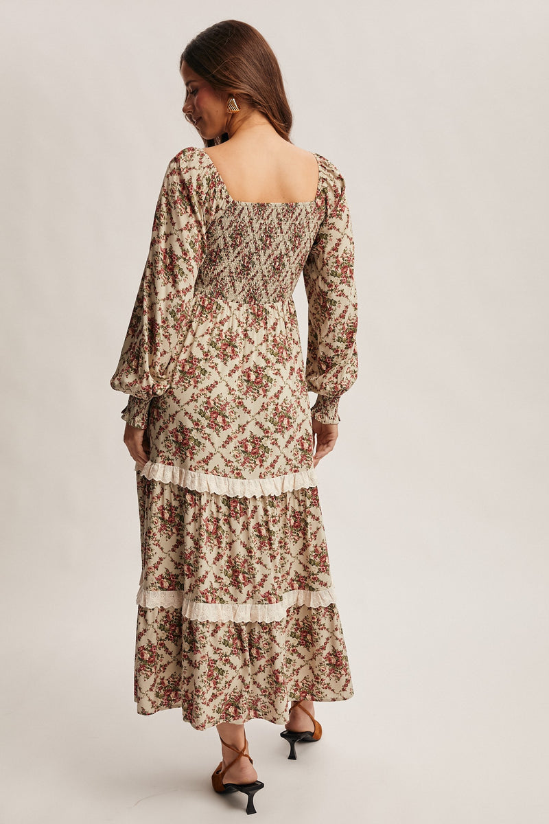 Light Sage Floral and Eyelet Trim Maxi Dress