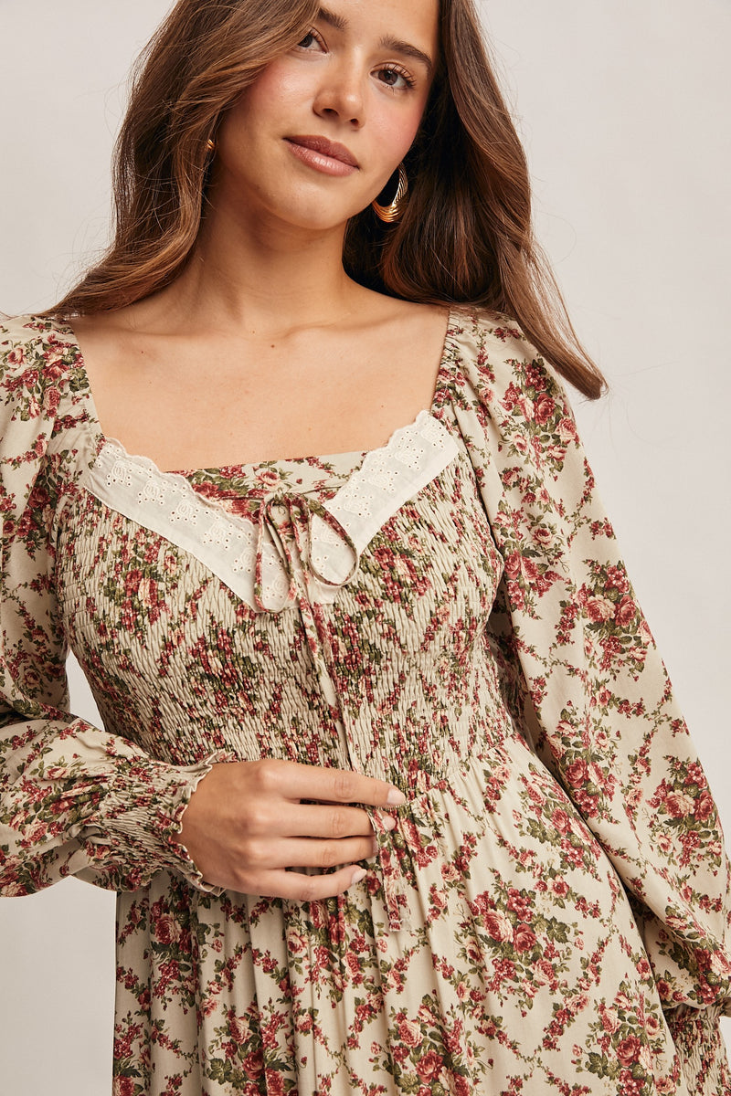 Light Sage Floral and Eyelet Trim Maxi Dress