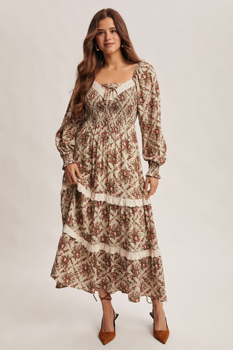 Light Sage Floral and Eyelet Trim Maxi Dress