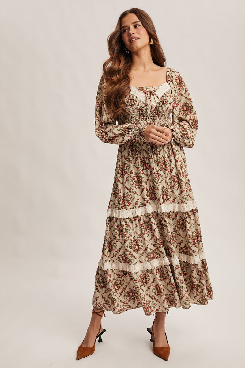 Light Sage Floral and Eyelet Trim Maxi Dress