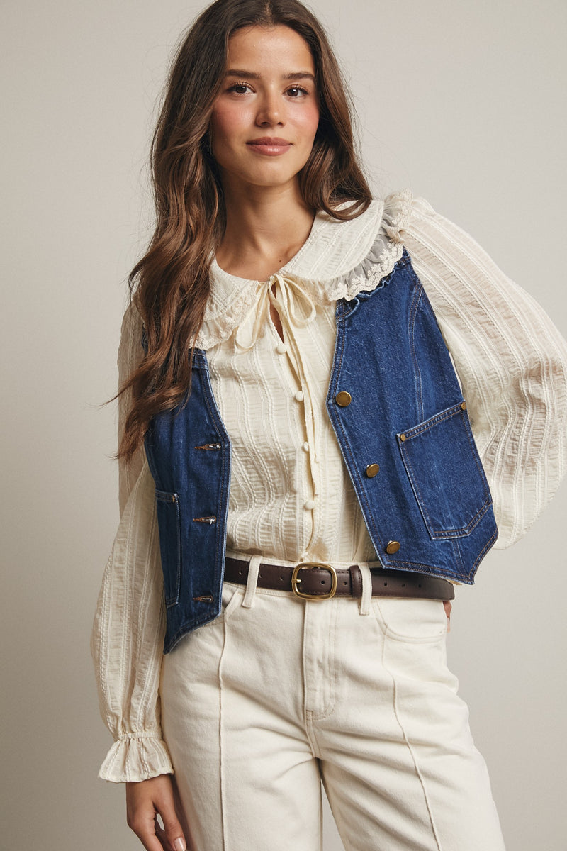 Ruffle Trim Denim Vest