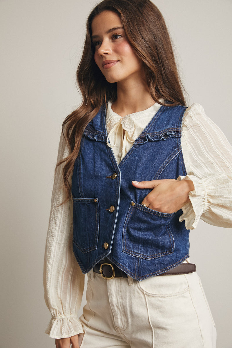 Ruffle Trim Denim Vest