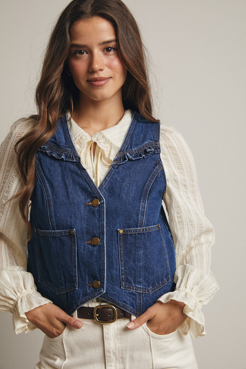 Ruffle Trim Denim Vest