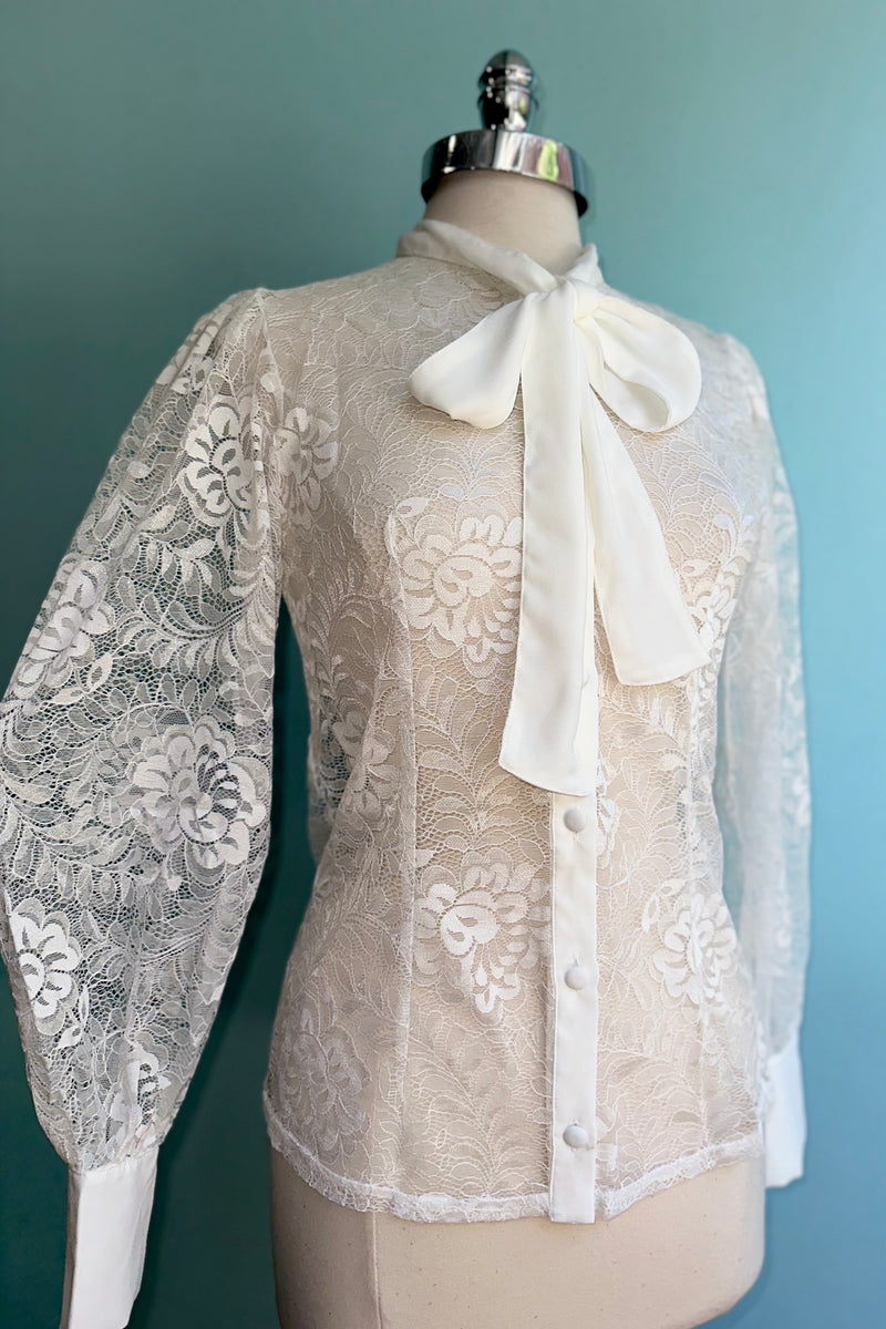 Ivory Lace Tie-Neck Blouse