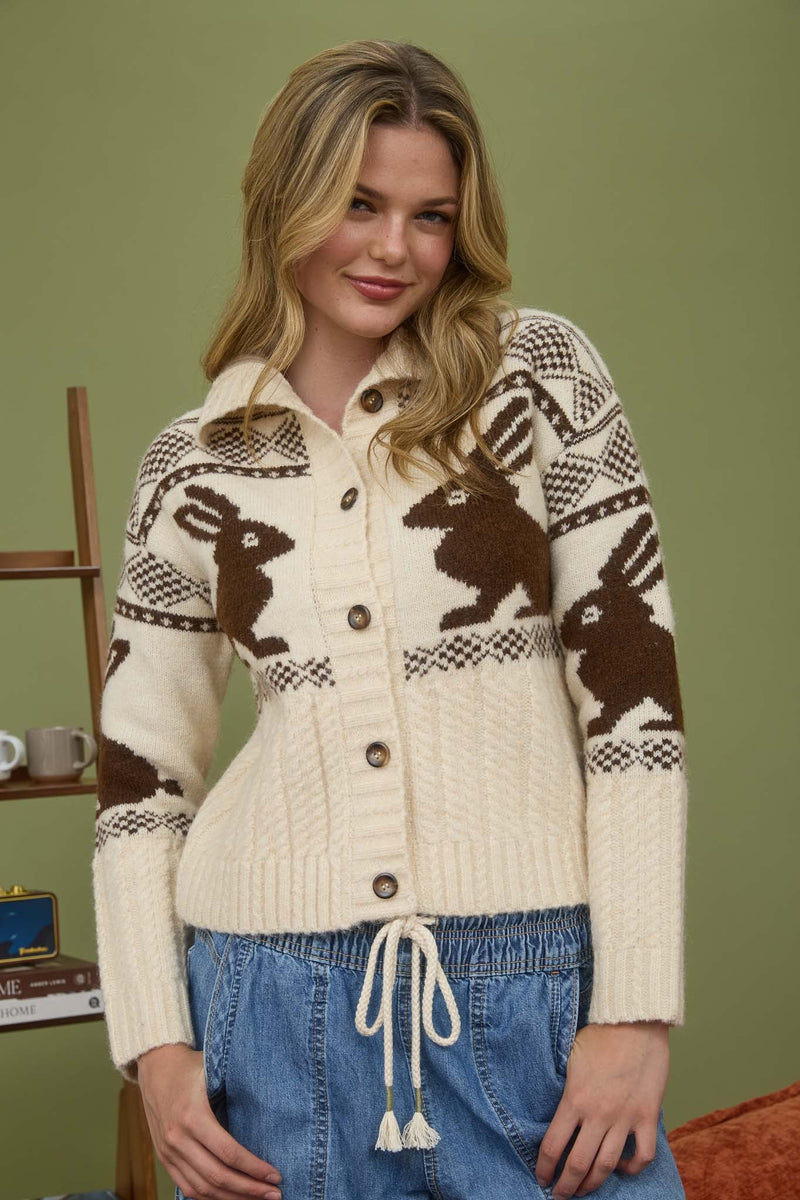 Bunny Jacquard Button Down Cardigan Sweater