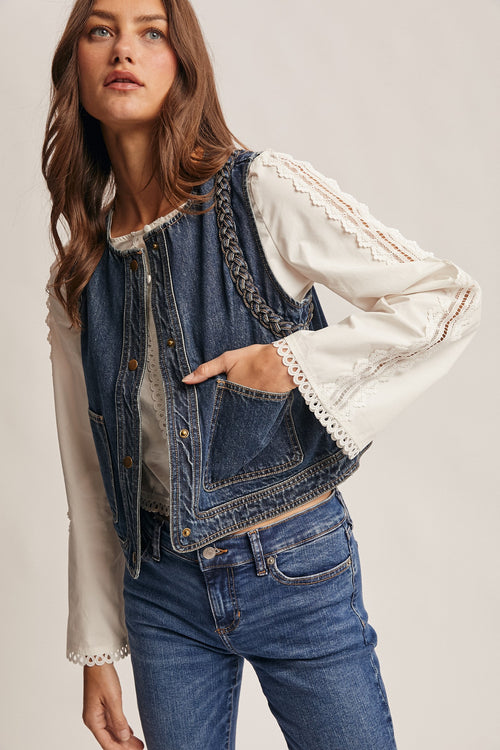 Braided Trim Denim Vest