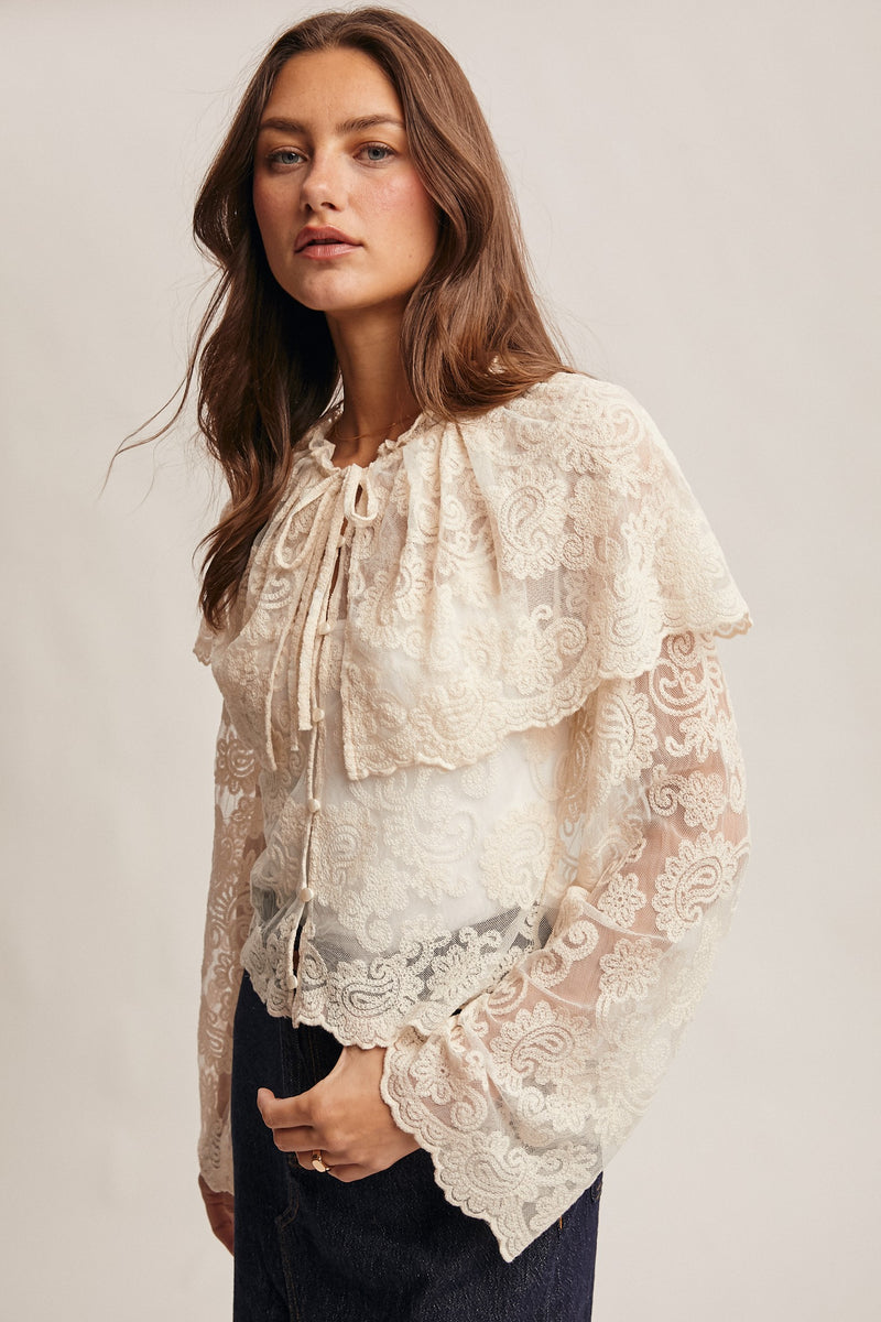 Lace and Embroidered Top in Ecru