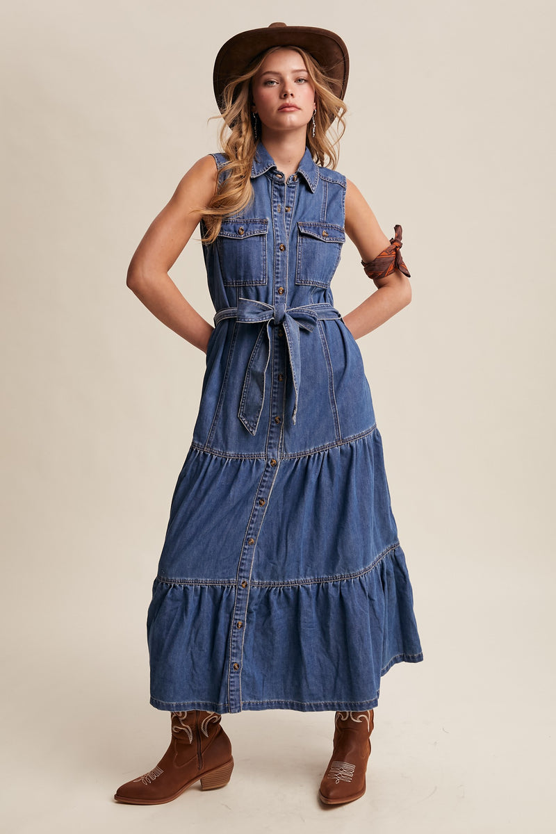Sleeveless Denim Midi Dress Medium