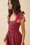 Red Plaid Tie Shoulder Midi Dress