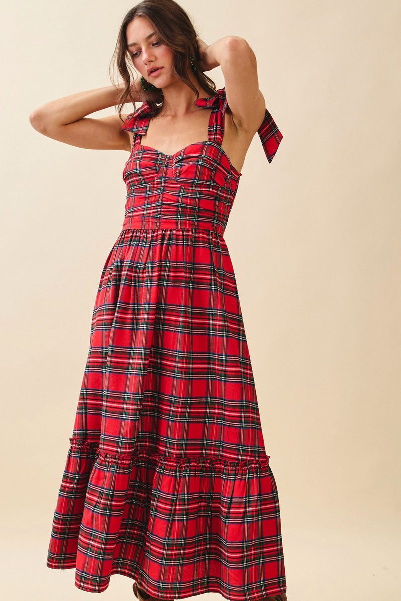 Red Plaid Tie Shoulder Midi Dress Large