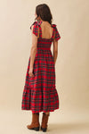Red Plaid Tie Shoulder Midi Dress