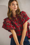 Red Plaid Pearl and Rhinestone Ruffled Sleeve Top