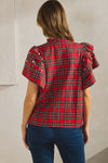 Red Plaid Pearl and Rhinestone Ruffled Sleeve Top