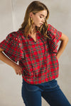 Red Plaid Pearl and Rhinestone Ruffled Sleeve Top