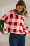 Holiday Check Sweater with Bow Detailed Sleeves