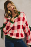 Holiday Check Sweater with Bow Detailed Sleeves