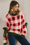 Holiday Check Sweater with Bow Detailed Sleeves