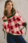 Holiday Check Sweater with Bow Detailed Sleeves