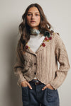 Shawl Collar Embroidered Cable Knit Cardigan in Oatmeal