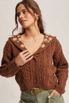 Shawl Collar Embroidered Cable Knit Cardigan in Mocha