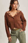 Shawl Collar Embroidered Cable Knit Cardigan in Mocha