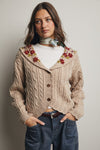 Shawl Collar Embroidered Cable Knit Cardigan in Oatmeal