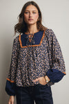 Navy Floral Peasant Blouse