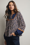 Navy Floral Peasant Blouse