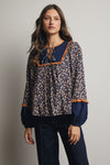 Navy Floral Peasant Blouse