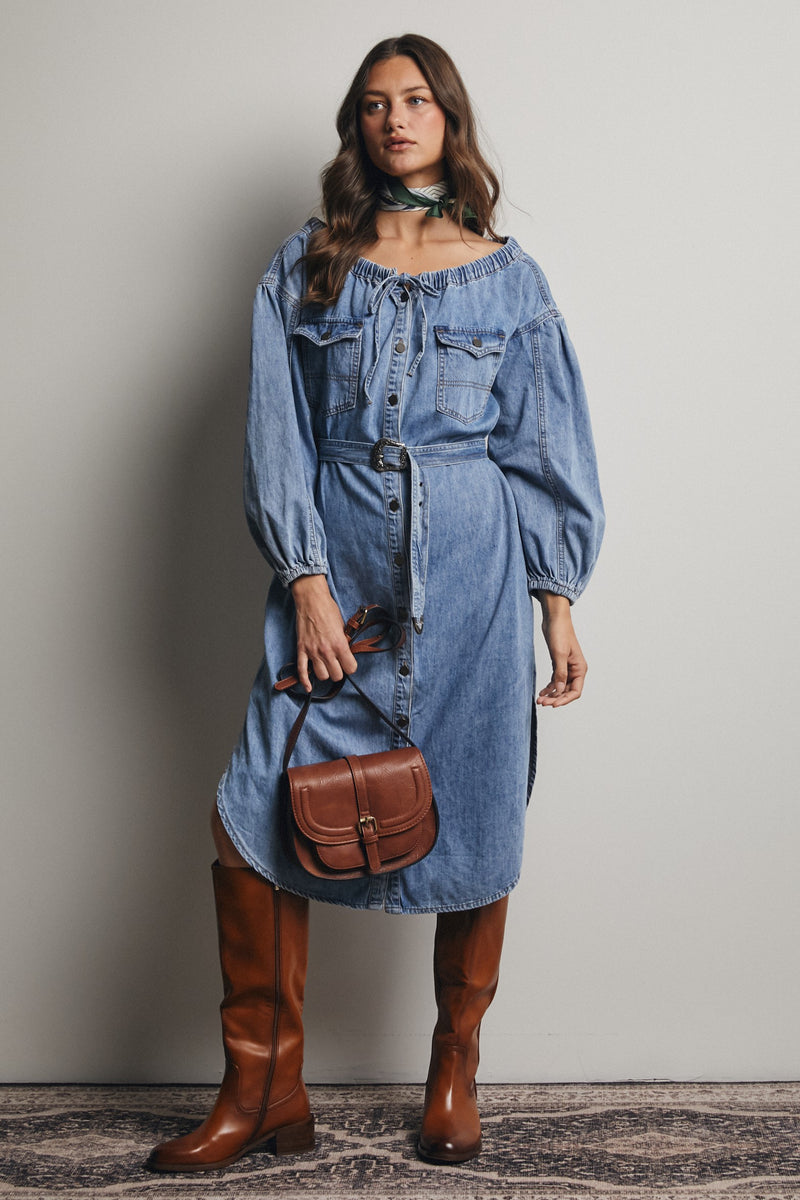 Off-the-Shoulder Belted Denim Midi Dress