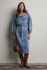 Off-the-Shoulder Belted Denim Midi Dress