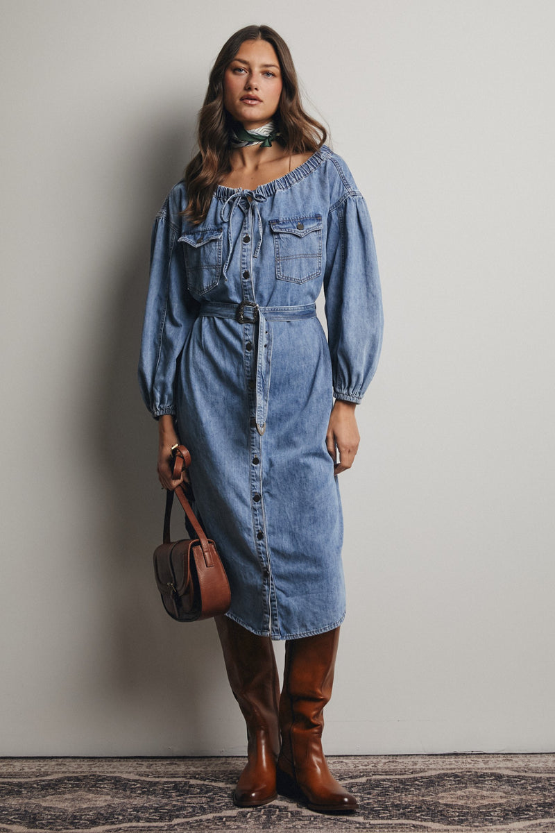 Off-the-Shoulder Belted Denim Midi Dress
