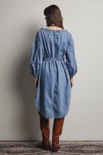 Off-the-Shoulder Belted Denim Midi Dress