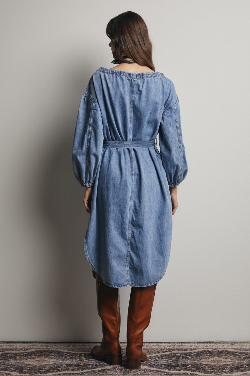 Off-the-Shoulder Belted Denim Midi Dress
