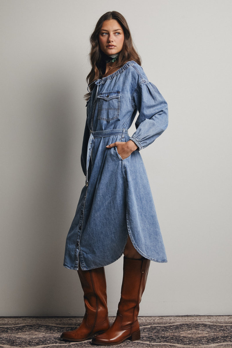 ladies off the shoulder denim dress Off Shoulder Ruffle Detail Denim Dress