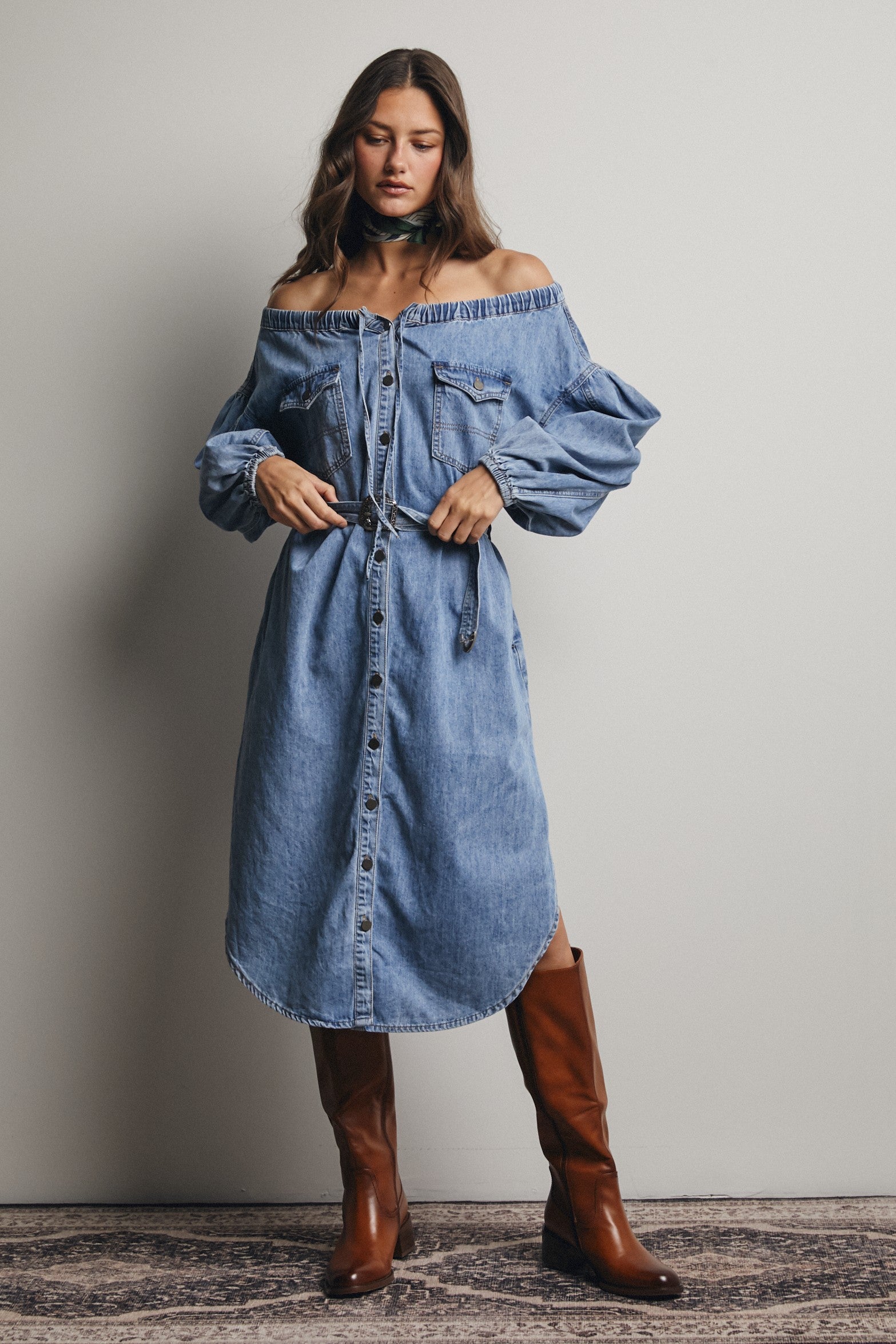 Off-the-Shoulder Belted Denim Midi Dress X-Large Off-the-Shoulder Belted Denim Midi Dress X-Large
