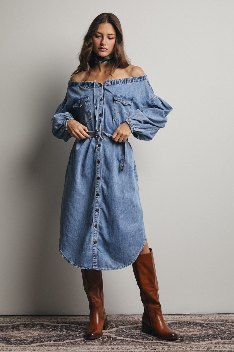 Off-the-Shoulder Belted Denim Midi Dress