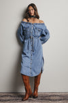 Off-the-Shoulder Belted Denim Midi Dress