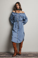 Off-the-Shoulder Belted Denim Midi Dress