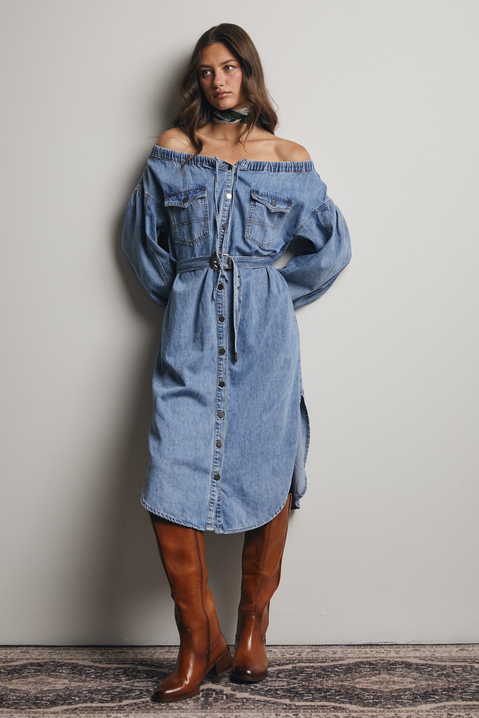 denim off the shoulder dress Off-the-Shoulder Belted Denim Midi Dress X-Large