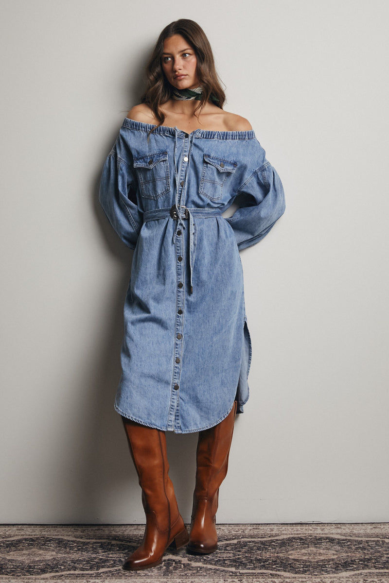 Off-the-Shoulder Belted Denim Midi Dress