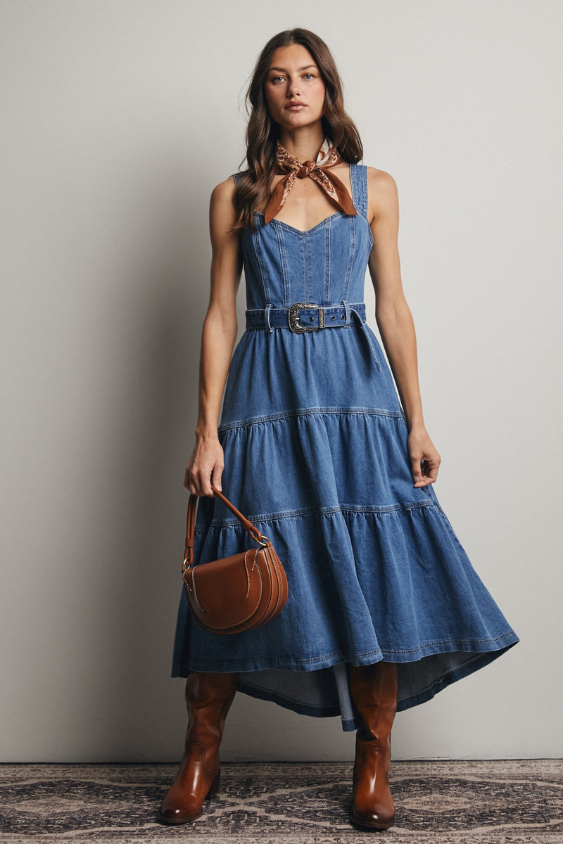Tiered Denim Midi Dress Small
