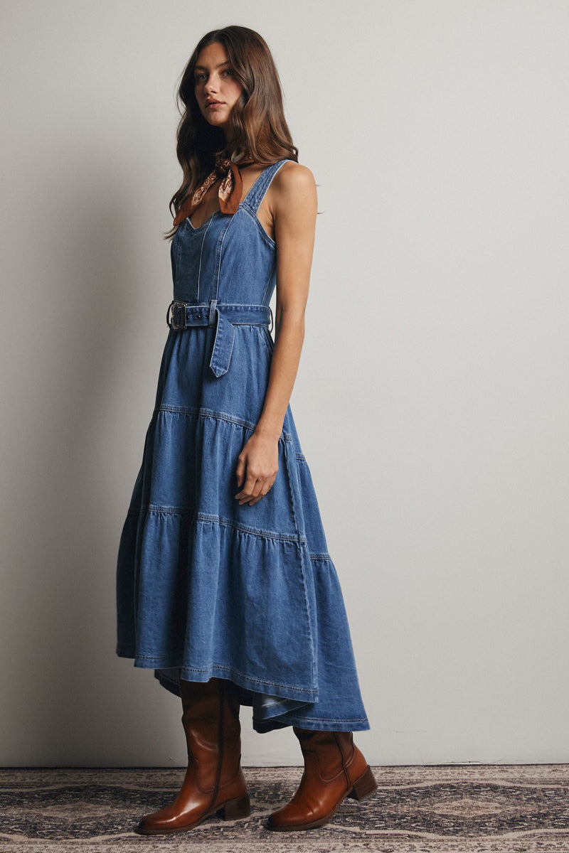 Tiered Denim Midi Dress Small Tiered Denim Midi Dress Small