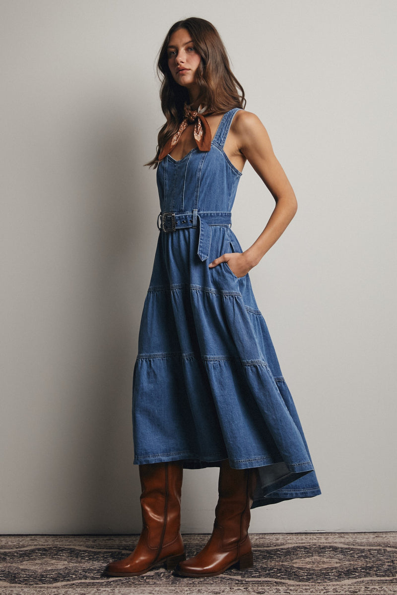 Tiered Denim Midi Dress Small