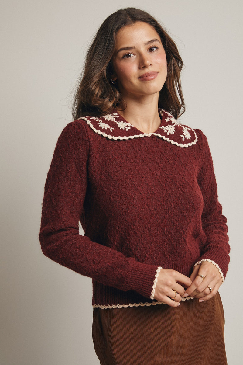 Burgundy Floral Crocheted Collar Sweater