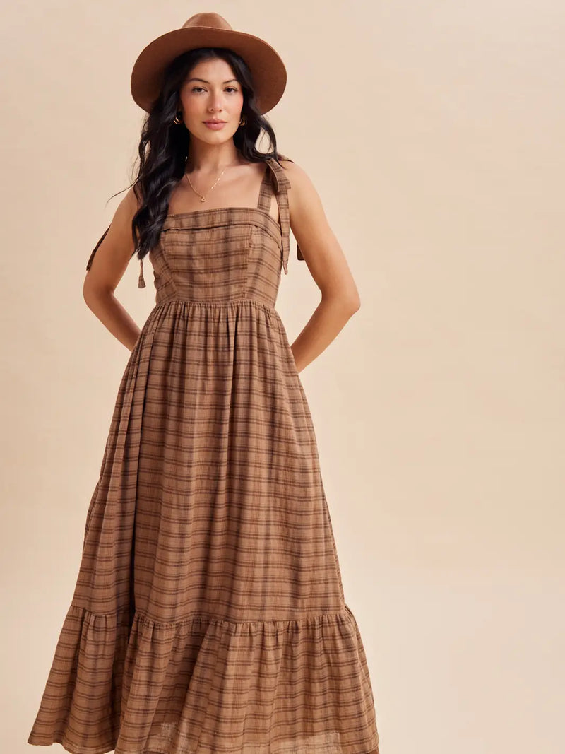 brown plaid maxi dress Wool Autumn Midi Dress | XS Plaid